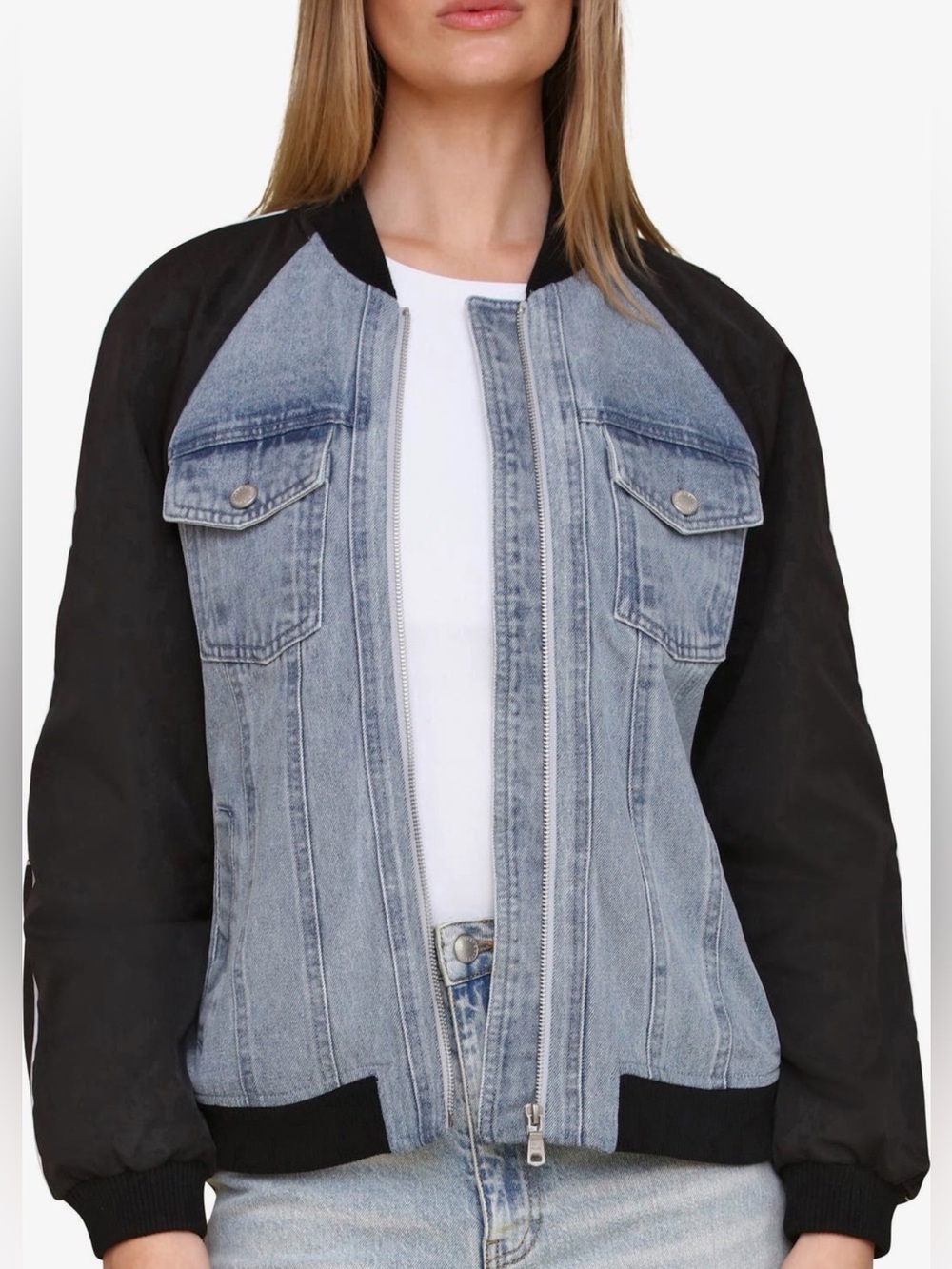 Avec Les Filles Mixed Media Denim Bomber Jacket Large NWT 90s